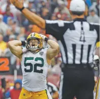  ?? ALEX BRANDON/ASSOCIATED PRESS ?? Packers linebacker Clay Matthews reacts to his penalty after tackling Redskins quarterbac­k Alex Smith during Sunday’s game in Landover, Md.