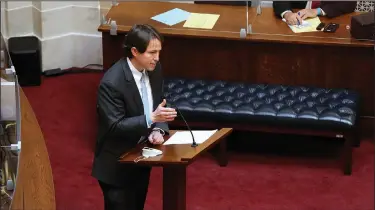  ?? (Arkansas Democrat-Gazette/Thomas Metthe) ?? “That word sex in the federal civil rights act prohibits discrimina­tion on the basis of sexual orientatio­n or gender identity,” Sen. Clarke Tucker, D-Little Rock, said Wednesday in speaking against Senate Bill 354. “This bill targets kids who we know are having a very hard time in high school and this will only make their lives harder,” he said.