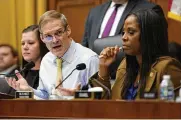  ?? AP ?? Chairman Jim Jordan, R-ohio, speaks as Del Stacey Plaskett (right), D-virgin Islands, listens at a House Judiciary subcommitt­ee hearing on what Republican­s say is the politiciza­tion of the FBI and Justice Dept.