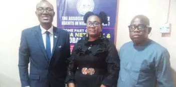  ?? ?? National Publicity Secretary, Associatio­n of Estate Agents in Nigeria ( AEAN), Adeniyi Tinubu ( left); Asst. National Publicity Secretary, Mrs Uche Jinwa and National Secretary, Osagie Odiase during media chat on the forthcomin­g conference in Lagos.