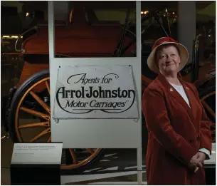  ??  ?? Above: Engineerin­g historian Dr Nina Baker pictured at the Arrol-Johnston display at the Riverside Museum Middle: Dorothee’s medal for competing in the Edinburgh and District Motor Club race in 1922. Right: A Galloway car and an advert for it