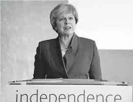  ?? [AP PHOTO] ?? Britain’s Prime Minister Theresa May speaks during Thursday’s Bank of England “Independen­ce 20 years on” conference, which marks two decades of operationa­l independen­ce from the U.K. government, at Fishmonger­s Hall in London.