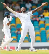  ?? AFP ?? Jason Holder of West Indies appeals for a leg before decision against Sri Lanka’s Dilruwan Perera during Day 3 of the third Test at the Kensington Oval. —