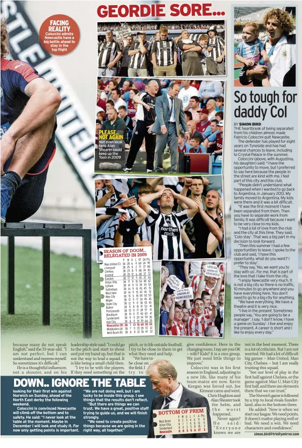  ??  ?? FACING REALITY Coloccini admits Newcastle have a big battle ahead to stay in the top flight Not even local hero Alan Shearer could keep up the Toon in 2009