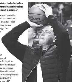  ?? AP ?? ALEX RODRIGUEZ aims a shot at the basket before the game between the Minnesota Timberwolv­es and the Miami Heat last March in Miami.