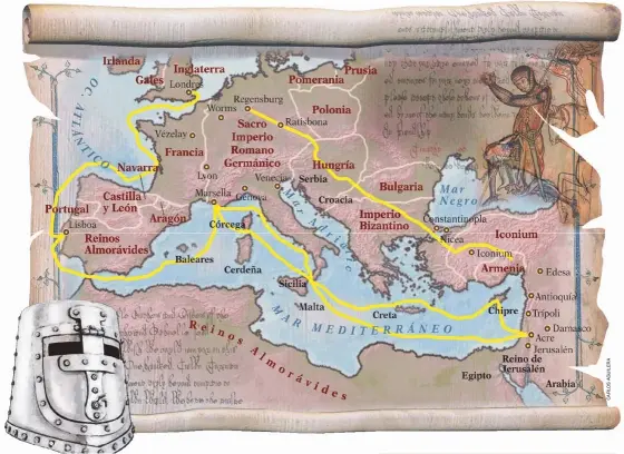  ??  ?? TERCERA CRUZADA.
Ricardo I de Inglaterra llegó a Acre por mar, después de conquistar Chipre. Felipe II, partió en barco desde Marsella y se reunió en Tierra Santa con el inglés. El teutón Federico Barbarroja fue el único que viajó por tierra, pero...