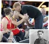  ??  ?? Proud: Prince Harry gives Invictus Games medals to Team UK’s Mark Ormrod and its wheelchair rugby team. Right: Guardsman James Shanks