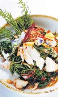  ??  ?? Yum cha-khram nuea poo or sour and spicy salad of Thai samphire and crabmeat.