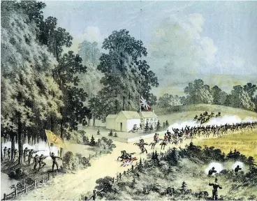  ?? LIBRARY AND ARCHIVES OF CANADA ?? A painting of the scene at Frelighsbu­rg, Que., where British troops fought a Fenian force on June 8, 1866.