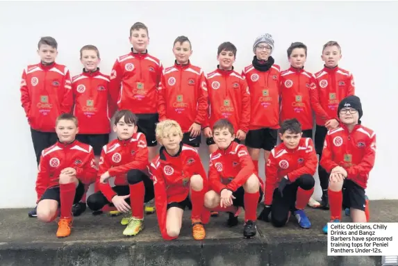  ??  ?? Celtic Opticians, Chilly Drinks and Bangz Barbers have sponsored training tops for Peniel Panthers Under-12s.