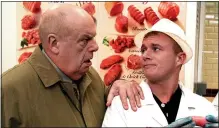  ?? ?? Meaty role ...John as butcher Fred with secret son Ashley in Corrie. Below, with his longterm love interest Audrey, played by Sue