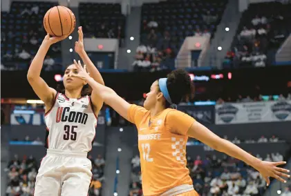  ?? JESSICA HILL/AP ?? Azzi Fudd was the hero for Uconn last year, leading the Huskies in scoring in a 75-56 win over Tennessee on Feb. 6. Unfortunat­ely, she’ll be sidelined as the rivalry renews for the 26th time Thursday night in Knoxville, Tennessee.