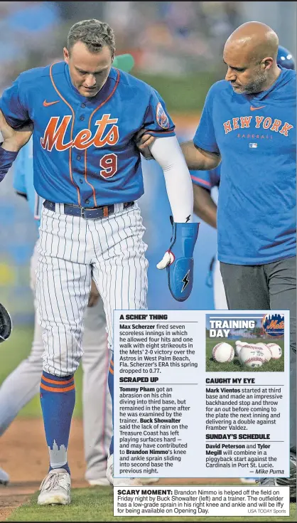  ?? USA TODAY Sports ?? SCARY MOMENT: Brandon Nimmo is helped off the field on Friday night by Buck Showalter (left) and a trainer. The outfielder has a low-grade sprain in his right knee and ankle and will be iffy for being available on Opening Day.