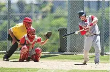  ??  ?? Thomas Hinz of the Redcliffe Padres looks to make solid contact at the plate.