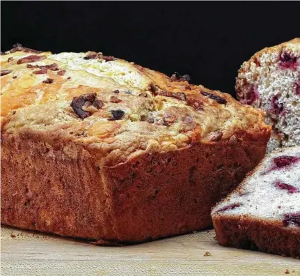  ??  ?? Summer quick breads can be made savory with bacon and cheese, left, or sweet with cherries and almonds.