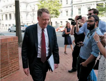  ?? AP FILE PHOTO ?? United States Trade Representa­tive Robert Lighthizer arrives at his office in Washington on Tuesday, ahead of the arrival of Canadian Foreign Affairs Minister Chrystia Freeland.