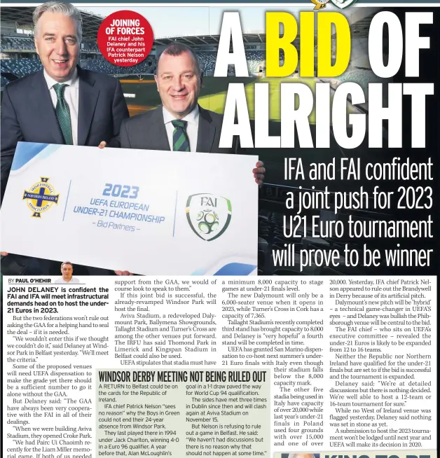  ??  ?? JOINING OF FORCES FAI chief John Delaney and his IFA counterpar­t Patrick Nelson yesterday