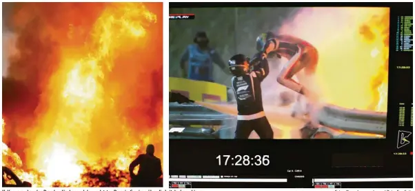  ?? Fotos: Brynn Lennon, dpa und Peter Fox Getty ?? Helfer versuchen den Brand zu löschen und den verletzten Romain Grosjean über die Leitplanke zu hieven.