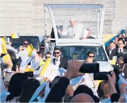  ?? ANDREAS SOLARO/GETTY-AFP ?? Pope Francis arrives for a prayer meeting at the Basilica of the National Shrine of the Blessed Virgin of Ta’ Pinu on Saturday on Malta’s Gozo island.