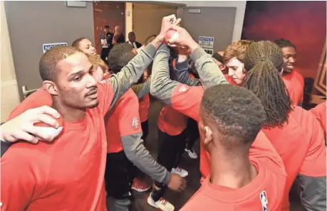  ?? BILL BAPTIST, NBAE/GETTY IMAGES ?? The Rockets, huddling before Game 3 of the Western Conference semifinals last week, are facing eliminatio­n Thursday.