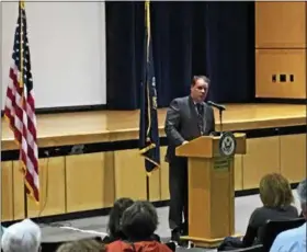  ?? PHOTOS BY NICHOLAS BUONANNO — NBUONANNO@TROYRECORD.COM ?? East Greenbush Central School District Superinten­dent Jeffrey Simons welcomes U.S. Rep. Paul Tonko, D-Amsterdam, to his town hall meeting at Columbia High School Tuesday night.