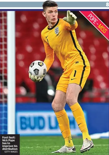  ?? GETTY IMAGES ?? Foot fault: Nick Pope has to improve his distributi­on