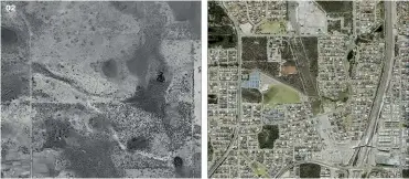  ??  ?? 02 — Comparativ­e images from 1953 (left) and 2016 (right) of a peri-urban area south of the city of Perth. Photos: Government of Western Australia, Landgate “Geospatial data.” Midland, WA, 2010.