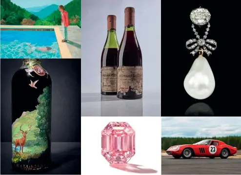  ??  ?? Clockwise from top left: A Portrait of an Artist (Pool with Two Figures) by David Hockney; a bottle of 1945 Romanée-Conti wine; the Marie Antoinette pearl pendant; a 1962 Ferrari 250 GTO; the Winston Pink Legacy; a bottle of The Macallan 1926.