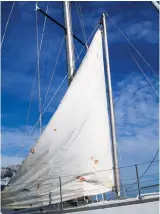  ??  ?? The author’s 171⁄2-foot spinnaker pole, stored independen­t of the spar, can easily be set up as a jury-rigged mast.