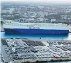  ?? Courtesy of Hyundai Glovis ?? A massive vehicle cargo vessel operated by Hyundai Glovis is docked in the German port of Bremerhave­n, Thursday.