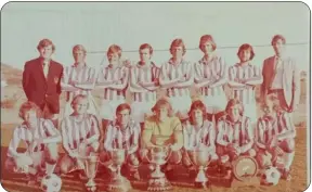  ?? ?? Okambihi…Jeff (4th from left - front row) attired in the blue & white strip of Ramblers FC 1975 - Standing from left: Butch Muessler (chairman - main club -d+), Peter Gurney (player/coach), Bobby Craddock, Karl-Heinz ‘Steini’ Steinfurth (d+), Gunter Hellinghau­sen, Volker Hoth, Armin von Biljon, George Berens (chairman - football section d+), Willi Roessner, Hasso Ahrens, Herbert Shorty Lohmeier (d+), Jeff Marting, G Hockey, Uwe Ahrens (d+), Werner Saxy Sasse (capt).