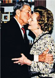  ??  ?? Friends and allies (from left): President Reagan and Lady Thatcher in California in February 1995. Shortly after this meeting, his Alzeimer’s took hold. This was their last kiss. The Reagans with Lady Thatcher in February 1993 at their California ranch. The President and Mrs Thatcher at Camp David in December 1984; the duo with their spouses at the White House after the President’s farewell dinner in her honour in November 1988; and Lady Thatcher grieves beside the casket of her friend Ronald in June 2004