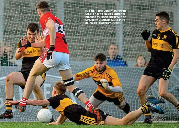  ?? SPORTSFILE ?? Full-blooded: Conor Geaney of Dingle has his goalbound shot blocked by Fionn Fitzgerald of Dr Crokes at Austin Stack Park in Tralee yesterday
