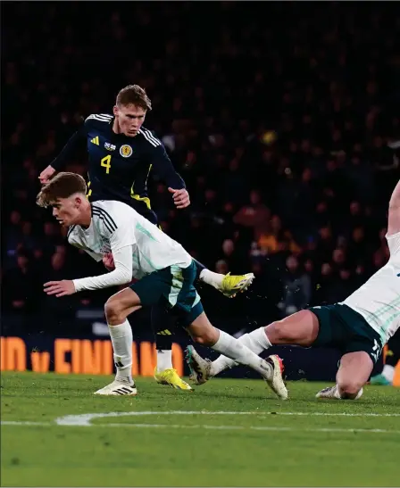  ?? ?? Scott McTominay has an attempt at goal against Northern Ireland at Hampden but the Scotland midfielder could not find the target