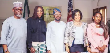  ?? ?? Member, African Foods and Products Exhibition Committee ( AFPE), Yomi Kuti ( left); Vice Chair, AFPE, Yemisi Ogundipe; AFPE chair, Ayo Stuffman; Nigerian- American Chamber of Commerce ( NACC) President, Adebola Williams and Acting Director- General, NACC, Wofai Samuel at the AFPE announceme­nt at the chamber’s head office in Lekki, Lagos, recently.