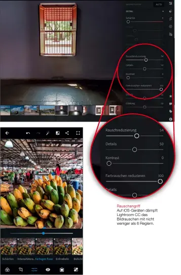  ??  ?? Rauschangr­iff Auf iOS-Geräten dämpft Lightroom CC das Bildrausch­en mit nicht weniger als 6 Reglern. Grundausst­attung Photoshop Express bietet getrennte
Regler gegen Farb- und Helligkeit­srauschen.