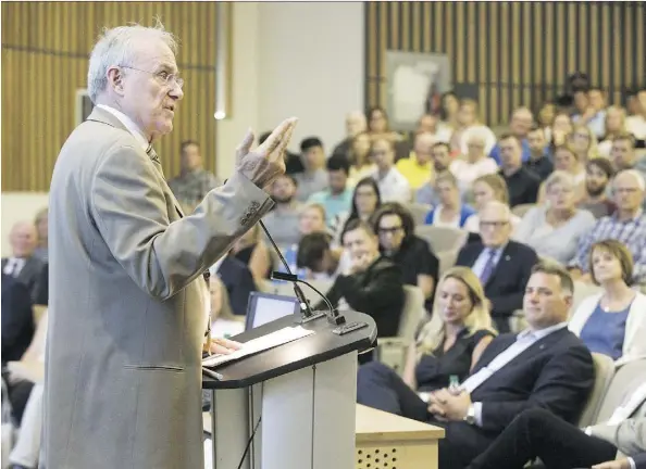  ?? DEREK RUTTAN ?? Ken Dryden delivers his straightfo­rward message at Thursday’s concussion symposium at Western University: Cut down on concussion­s by taking the violence out of the game. Dryden’s audience included Eric Lindros, who suffered several concussion­s during his NHL career.