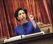  ?? Photo by Ernest A. Brown ?? Governor Gina Raimondo gives her State of the State Address before a joint session of the General Assembly in the House Chambers Tuesday evening.