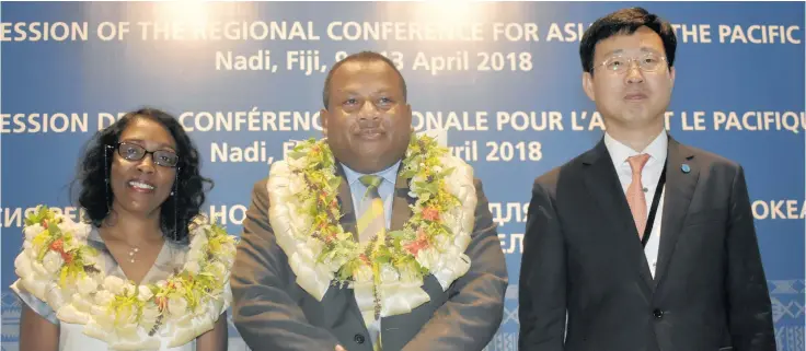  ?? Photo: Waisea Nasokia ?? From Left: Asia Pacific’s assistant director general of the UN Food and Agricultur­e Organisati­on Kundhavi Kadiresan, Fijian Minister for Agricultur­e Inia Seruiratu and conference secretary Jong Jin Kim at the 34th Session of FAO Regional Conference for...