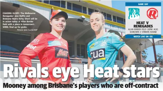  ?? Picture: Jono Searle/AAP ?? CHASING GLORY: The Melbourne Renegades' Jess Duffin and Brisbane Heat's Kirby Short will be in action today at Allan Border field with a place in tomorrow’s WBBL final up for grabs.
