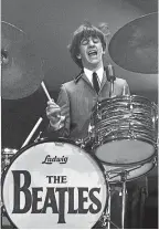 ??  ?? Top: the four band members on stage; above left: Paul McCartney and John Lennon performing; above right: Ringo Starr on drums.