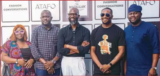  ?? ?? L-R: Fashion Lawyer & Founder, Fashion Law Institute, Bernice Asein; Brand Manager, Edrington Portfolio, Nigeria, Hammed Adebiyi; Creative Director, ATAFO, Mai Atafo; The Macallan Brand Educator and Ambassador, Lagos, Daniel Atteh; and Creative Director, Outspoken Clothiers, Adesola Balogun during The Macallan-sponsored Fashion Conversati­on with Mai Atafo in Lekki, Lagos, recently