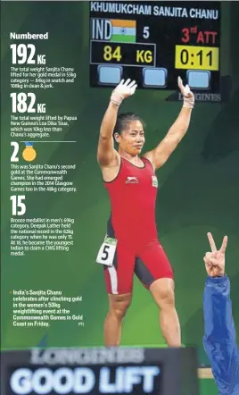  ?? PTI ?? India’s Sanjita Chanu celebrates after clinching gold in the women's 53kg weightlift­ing event at the Commonweal­th Games in Gold Coast on Friday.