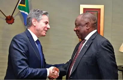  ?? / GCIS ?? President Cyril Ramaphosa receiving a courtesy call from the US secretary of state Antony Blinken in Tshwane.