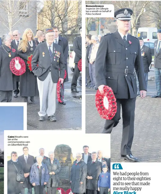  ??  ?? Cairn Wreaths were lain at the commemorat­ive cairn on Gilbertfie­ld Road Remembranc­e Inspector Jim Gillespie lays a wreath on behalf of Police Scotland