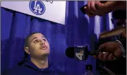  ?? AP/CHARLES KRUPA ?? Manny Machado of the Los Angeles Dodgers answers questions Monday ahead of tonight’s Game 1 of the World Series in Boston, where Machado is especially despised for an incident involving Red Sox second baseman Dustin Pedroia in April 2017.