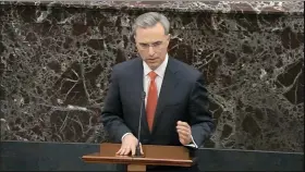  ?? SENATE TELEVISION VIA AP ?? In this image from video, White House counsel Pat Cipollone speaks during closing arguments in the impeachmen­t trial against President Donald Trump in the Senate at the U.S. Capitol in Washington, Monday.