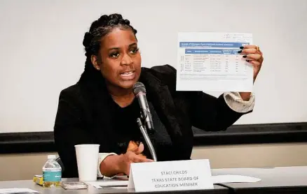  ?? Photos by Jon Shapley/Staff photograph­er ?? State Board of Education member Staci Childs speaks Saturday about the state takeover of HISD at the E.B. Cape Center.