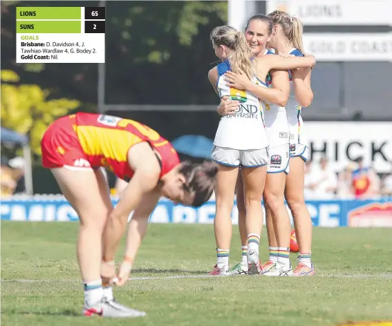  ?? Picture: Jono Searle/Getty Images ?? Brisbane players celebrate winning the QClash Cup in a lopsided AFLW match with the Gold Coast Suns.