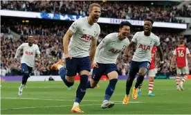  ?? Photograph: Tom Jenkins/The Guardian ?? Harry Kane celebrates after opening the scoring for Tottenham from the penalty spot.